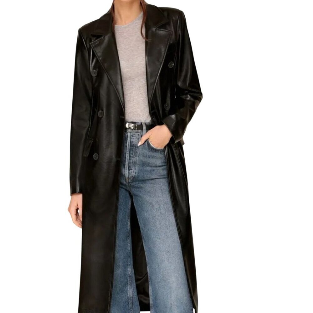 Avec Les Filles Black Faux Leather Double-Breasted Belted Trench Coat Size L - Picture 5 of 12